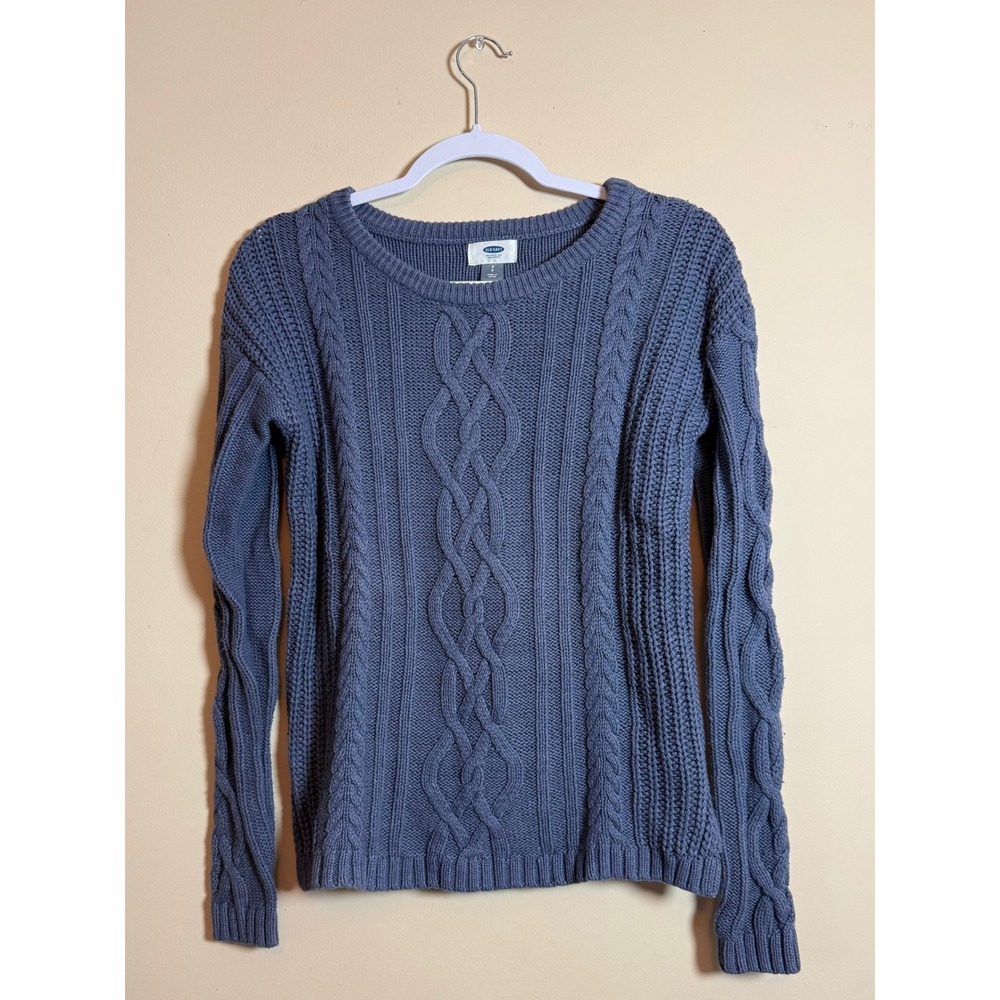 Old Navy Womens Small Blue Cable Knit Cotton Crewneck Sweater Pullover Chunky